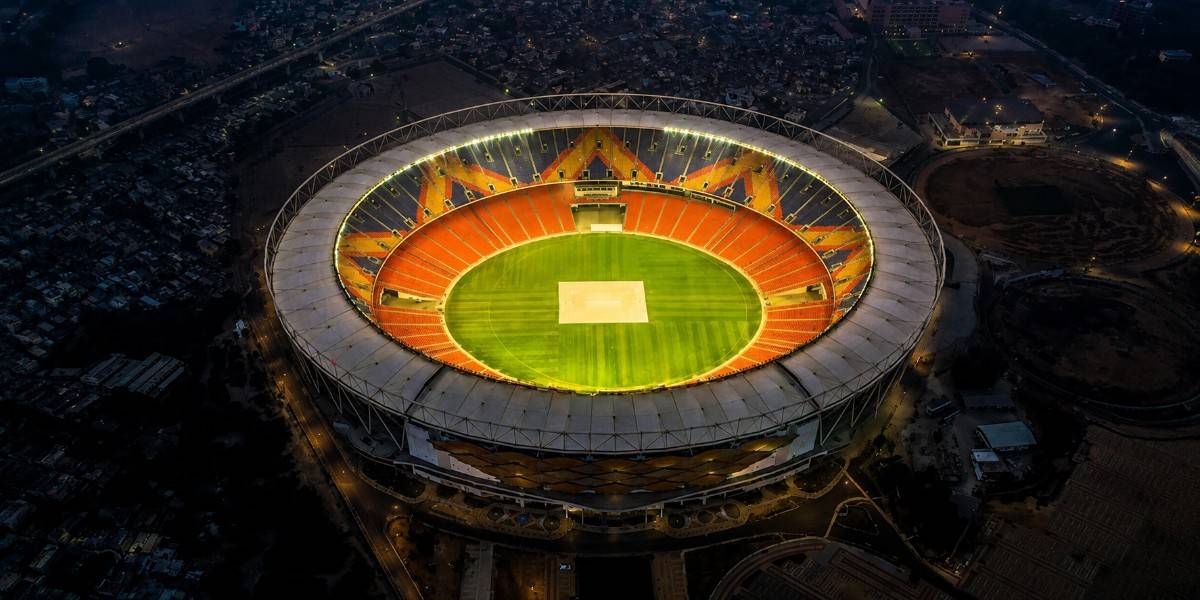 Narendra Modi Stadium aerial view at night